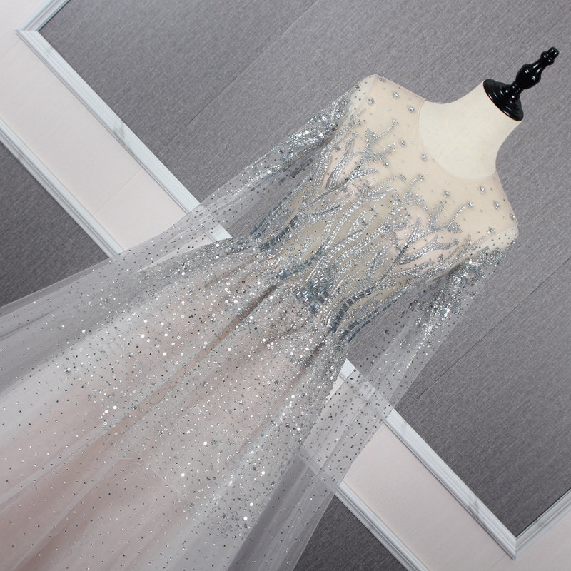 仙女款银灰色长袖飘肩拖尾大摆晚礼服新娘敬酒裙奢华主持演出长裙