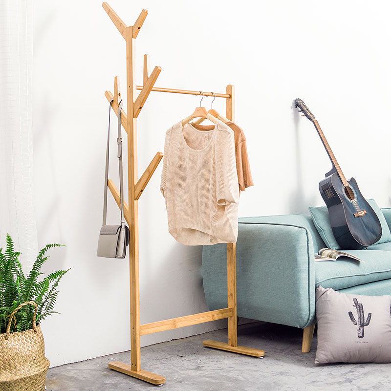 家用创意卧室衣帽架竹木落地挂衣架简易客厅转角玄关衣服架置物架