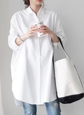 2021秋冬白色棉衬衫女宽松bf风大版中长款风搭长袖衬衣韩国东大门