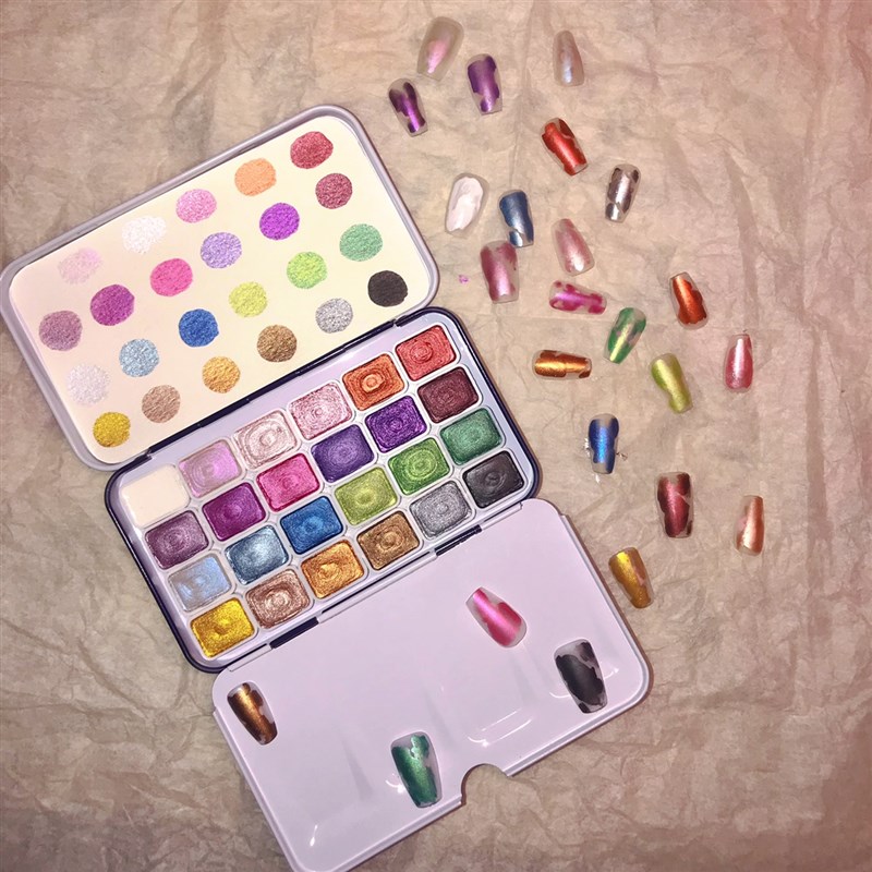 珠光色固体水彩颜料美甲缠花ES三折页铁盒满天星国画国风闪粉