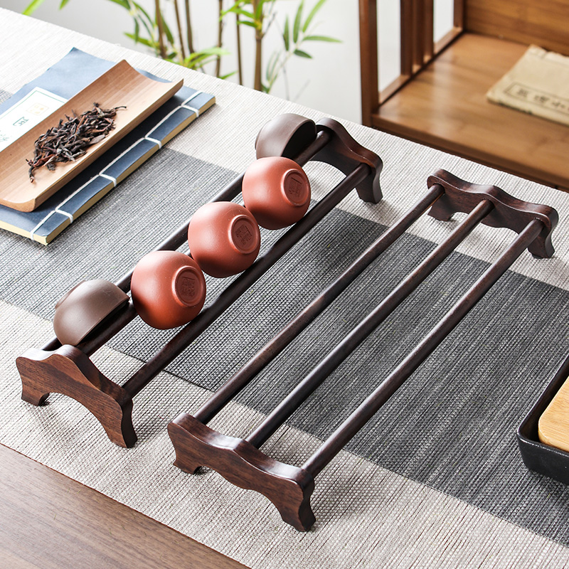 黑檀木功夫茶杯收纳架单层晾杯架茶具沥水置物架实木杯托茶道配件