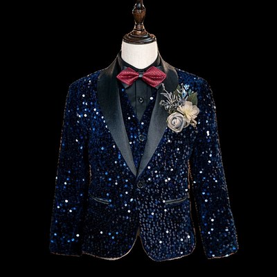 男童亮片西服套装花童小主持人礼服钢琴演出儿童走秀模特蓝色西装