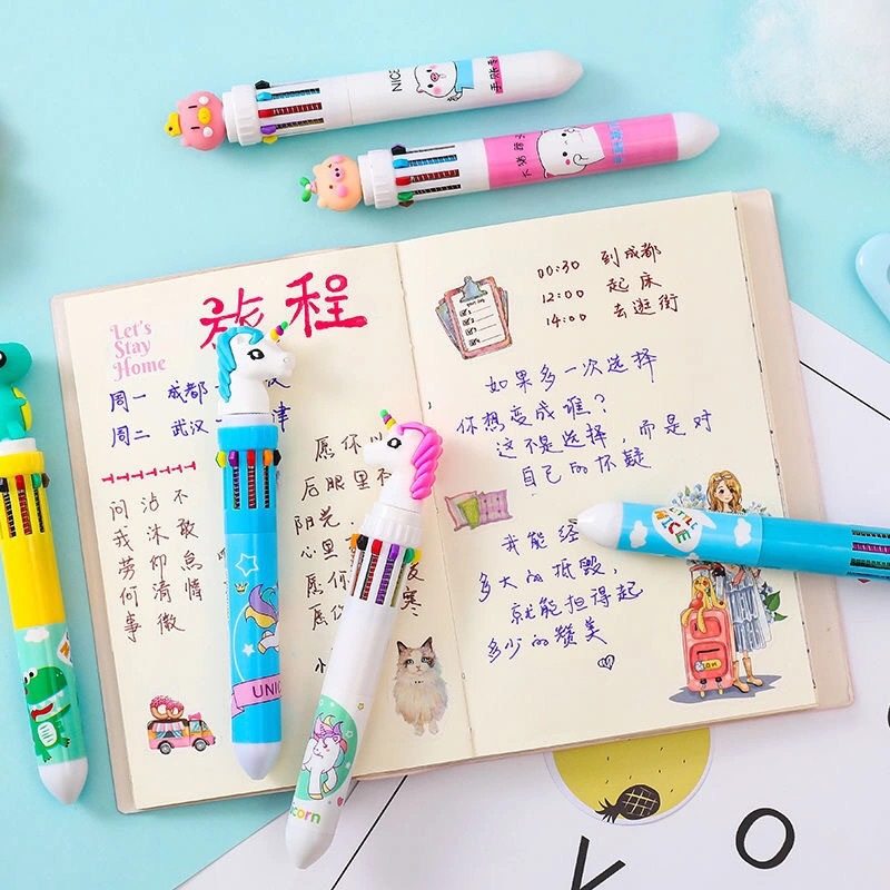 卡通按动按压式十色圆珠笔学生儿童奖品礼物可爱高颜值女生签字笔