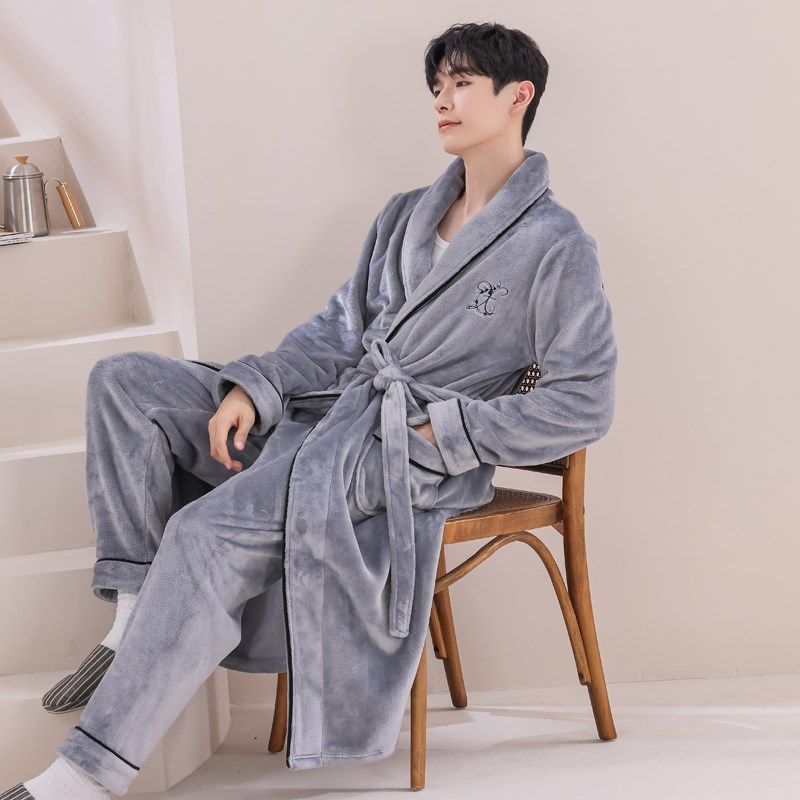 睡袍男秋冬季珊瑚绒加绒加厚法兰绒浴袍男款冬天大码长款睡衣晨袍
