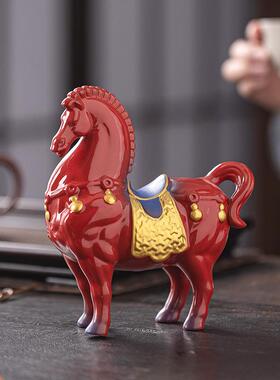 客陶瓷红色马公摆件创CQO唐意马上有钱家居厅办室桌面装饰小号招