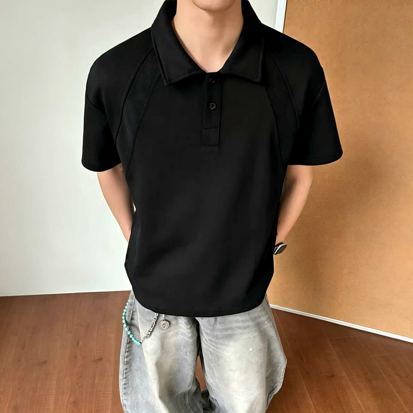 美式正肩短袖polo衫男款夏季重磅衬衫翻领T恤插肩cleanfit半袖