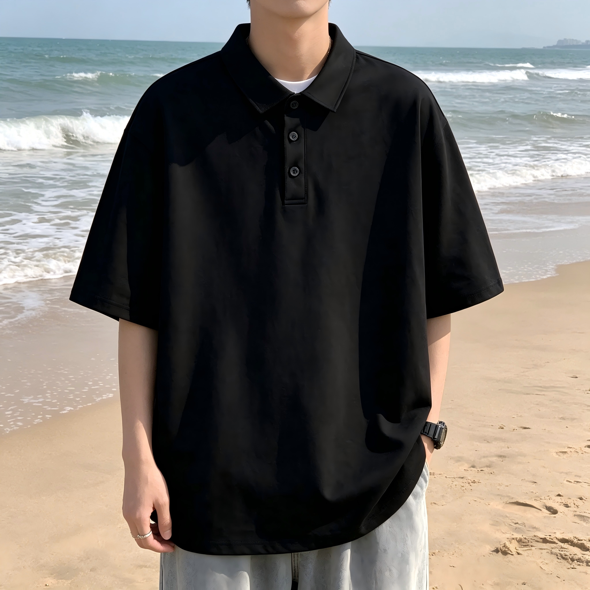 美式正肩短袖polo衫男款夏季重磅衬衫翻领T恤插肩cleanfit半袖