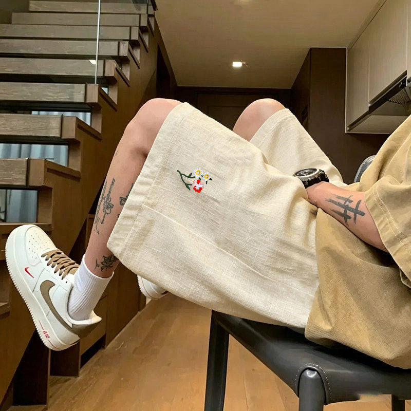 美式潮牌花卉刺绣短裤男夏季休闲