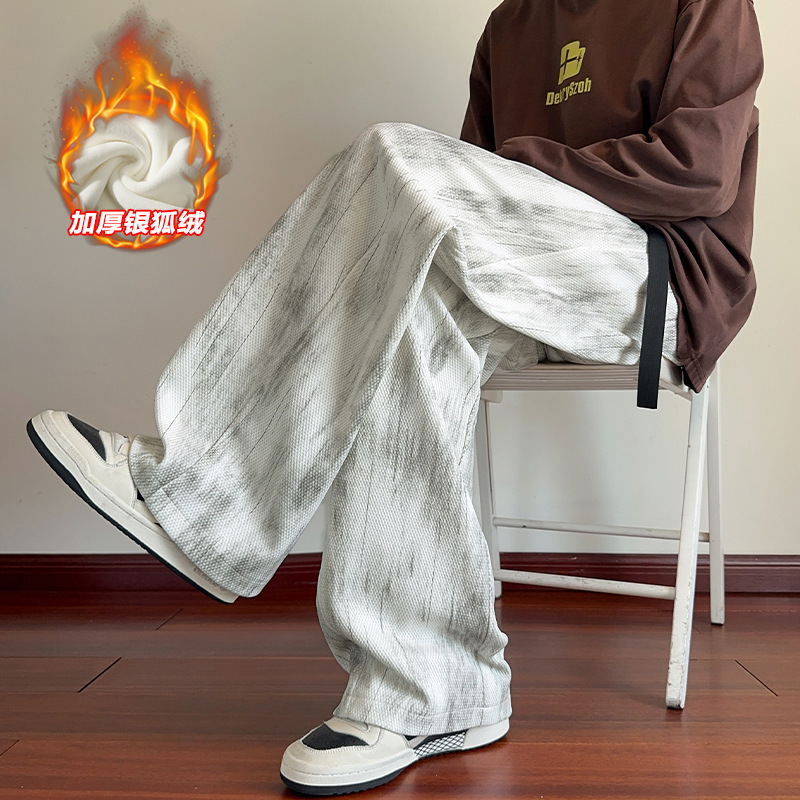 加绒加厚灯芯绒裤子男秋冬季扎染宽松垂感休闲裤潮牌直筒运动卫裤