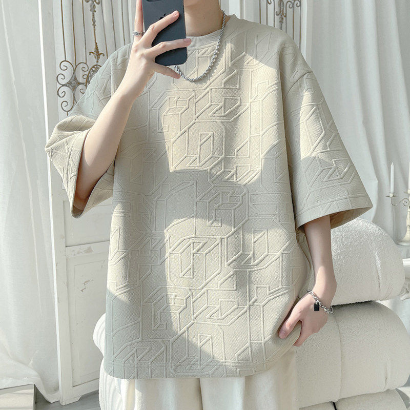 痞帅提花肌理感短袖T恤男生夏季美式高级重磅宽松半袖潮牌青少年