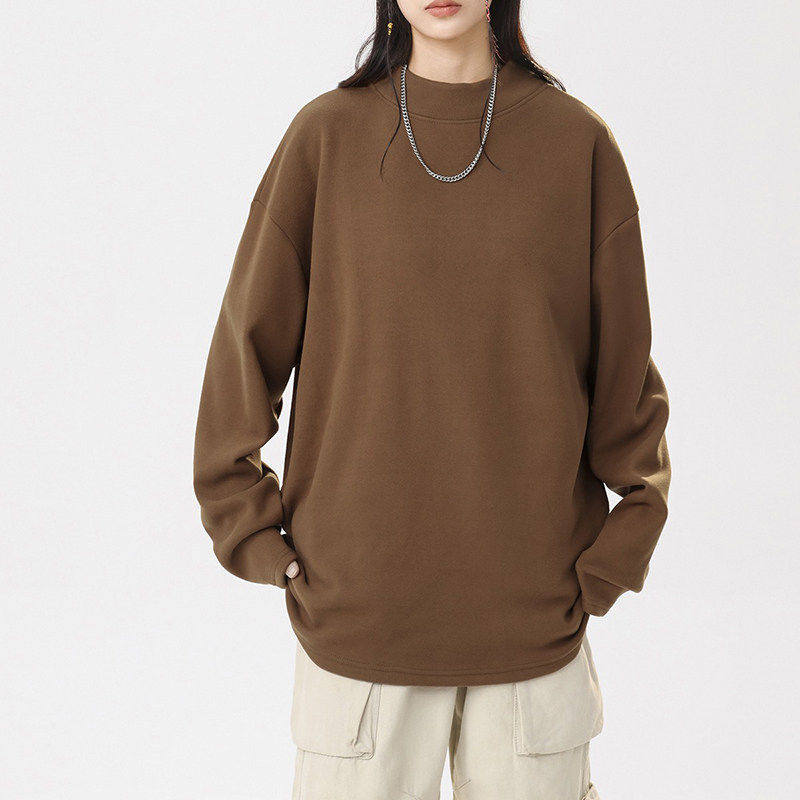 半高领德绒纯色打底衫男女春秋美式重磅卫衣慵懒风长袖T恤保暖