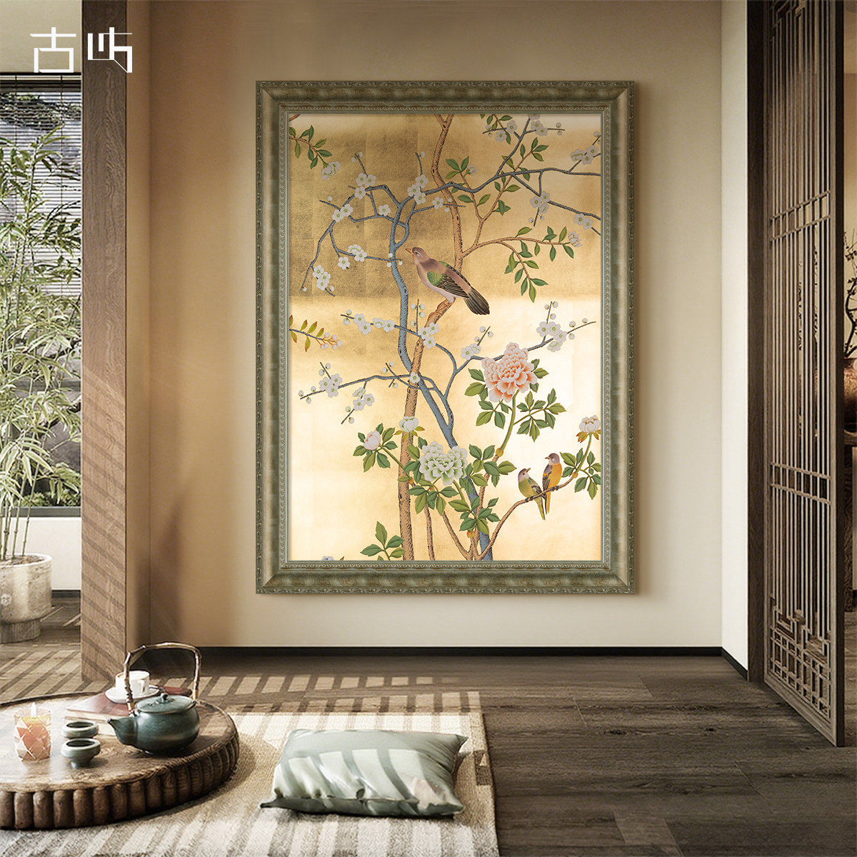喜上枝头新中式入户玄关装饰画客厅轻奢花鸟图手绘油画中古风挂画