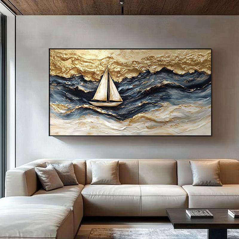 《金浪逐帆》抽象轻奢横幅金箔餐厅客厅装饰画老板办公室挂画