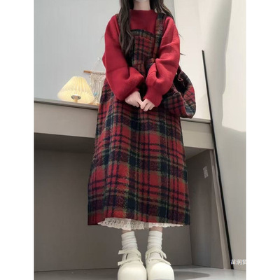 小个子穿搭一整套日系复古格纹背带连衣裙女学生+内搭上衣两件套