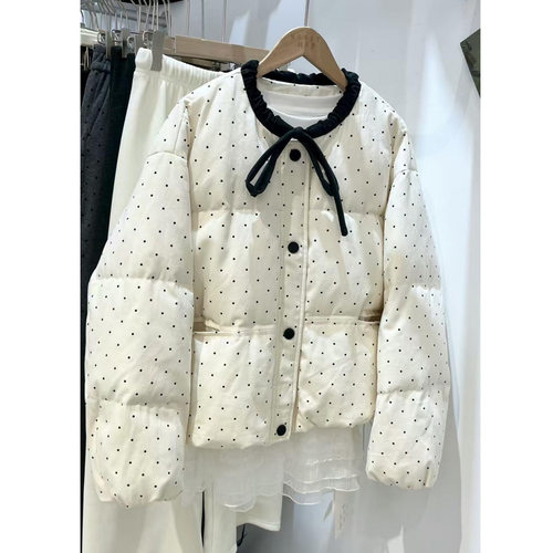 韩系小香风棉服女装2025年冬季新款宽松显瘦蝴蝶结圆点面包服外套