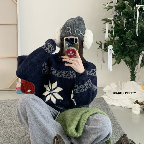 翻领拉链雪花毛衣开衫加厚版好看又保暖毛衣