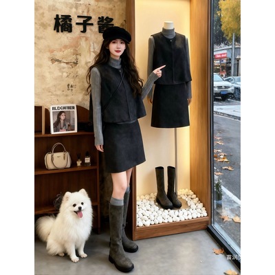 冬季搭配一整套大码胖mm针织衫毛呢马甲半身裙复古减龄三件套装女