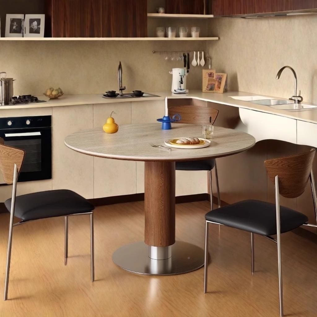 中古风洞石岩板形桌餐简约设计师用20cz-9025新款家小户型圆实木