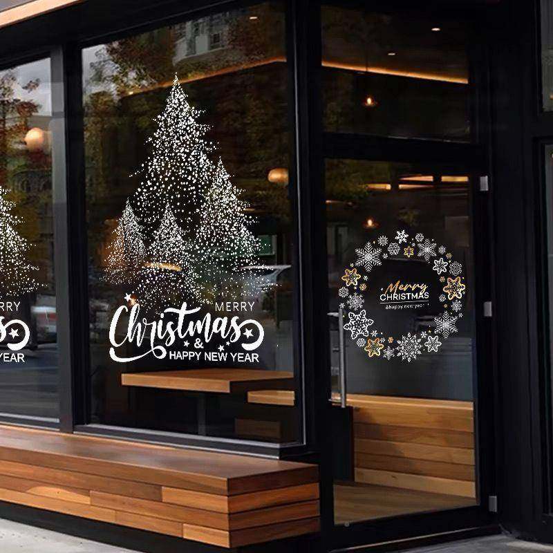 圣诞节装饰橱玻璃门贴2纸窗店铺557氛围布置花圣环诞树静电窗花贴