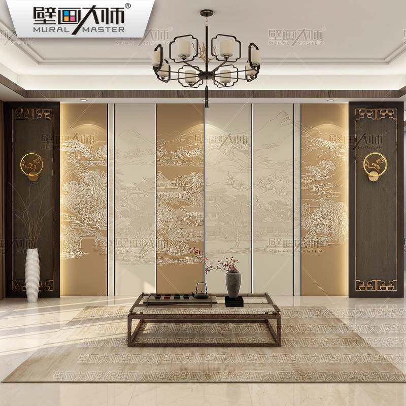 5V轻新式拼MDY色水壁布电视山奢背景墙壁纸古风客中厅卧室沙发影