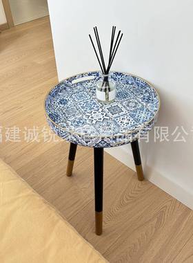 客厅几PDE小桌装饰托盘带把手卸可拆木腿蓝色与青花瓷边图案贴茶