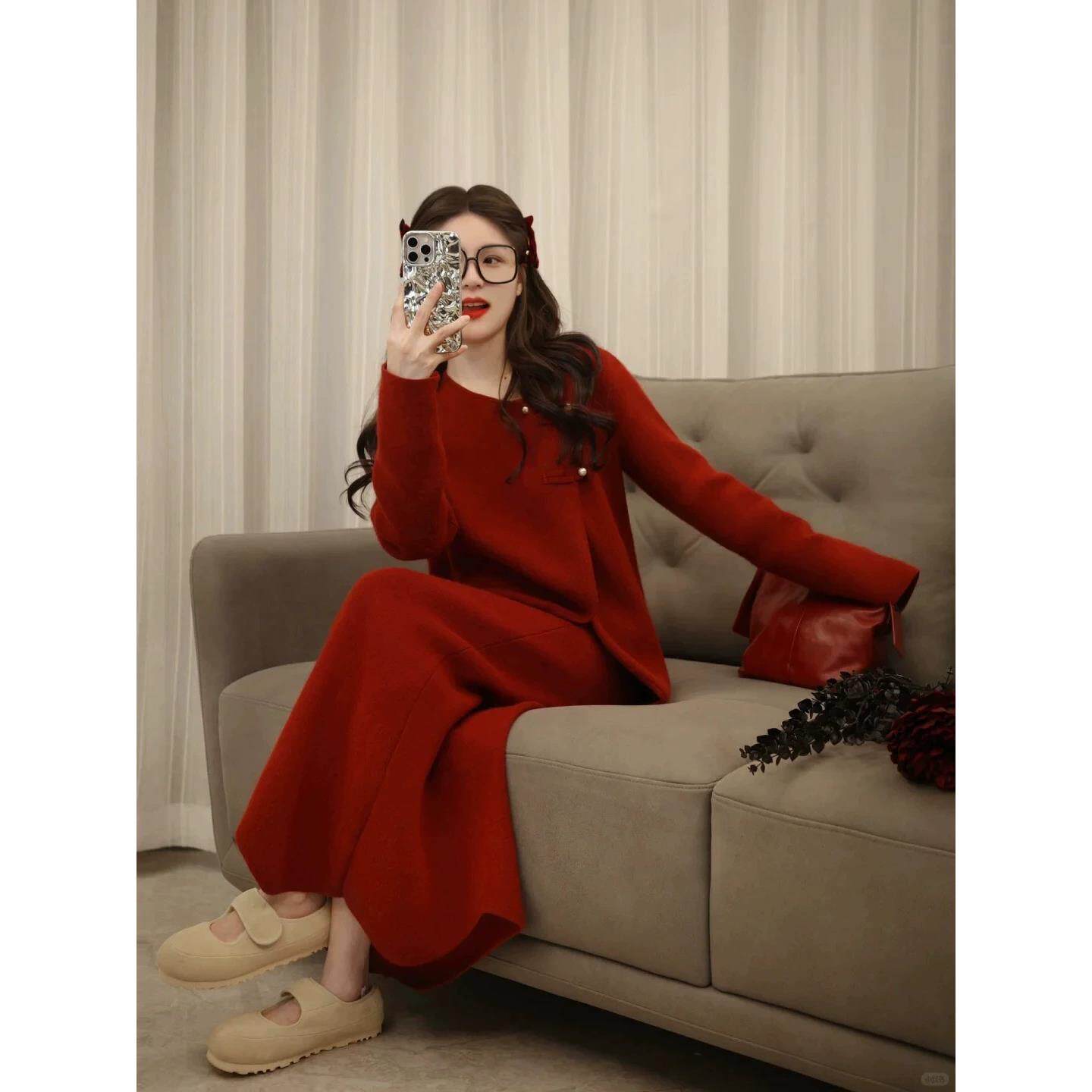 新年红色冬装搭配一整套大码胖mm圣诞节氛围感新中式连衣裙套装女