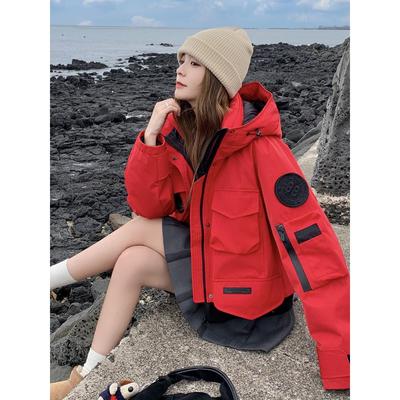 红色工装90羽绒内胆冲锋衣羽绒服女冬季新款加厚时尚连帽短款外套
