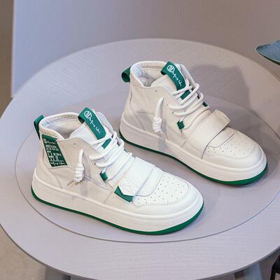 真皮高帮鞋女2024春秋季新款圆头百搭丑萌厚底魔术贴休闲运动板鞋