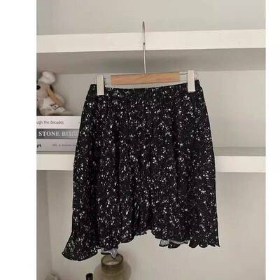 黑色雪纺碎花半身裙女2025新款夏季小个子高腰a字显瘦不规则短裙