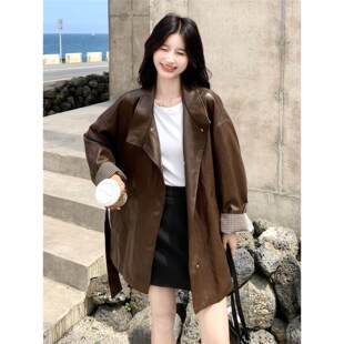 覆古翻领西装 女装 皮衣外套女2025秋季 高级感大码 百搭皮衣 新款 美式