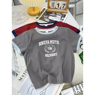 高腰短款t恤女夏2025新款修身显瘦撞色圆领小个子纯棉短袖体恤衫