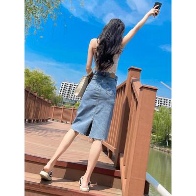 2025年夏季新款蓝色显瘦开叉牛仔半身裙女中长款小个子a字包臀裙