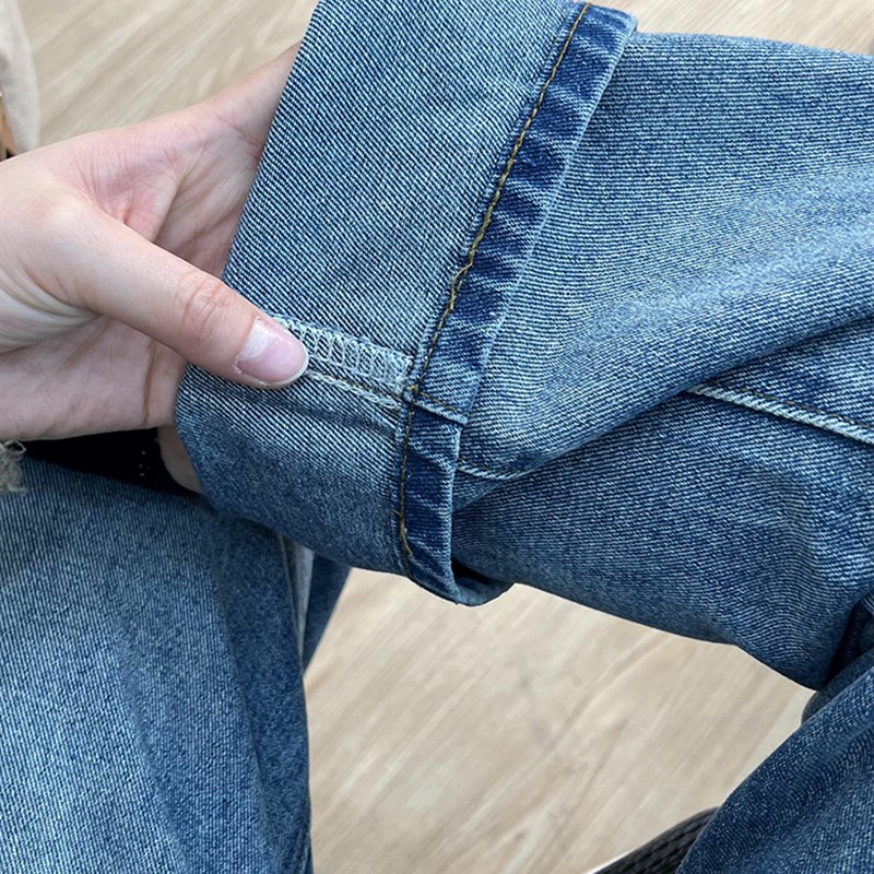 复古蓝阔腿直筒牛仔裤女大码胖妹妹梨形身材2024年新款烟管拖地裤
