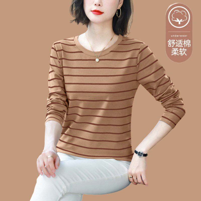 春秋装遮肚子纯棉上衣长袖t恤女宽松大码条纹秋衣薄款内搭打底衫