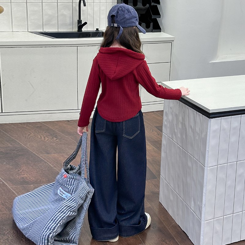 女童套装秋装2024新款儿童网红秋冬女孩安哥拉红外套牛仔裤两件套