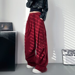 高腰抽绳工装裤女冬季大码胖mm宽松显瘦休闲裤梨形身材加长阔腿裤