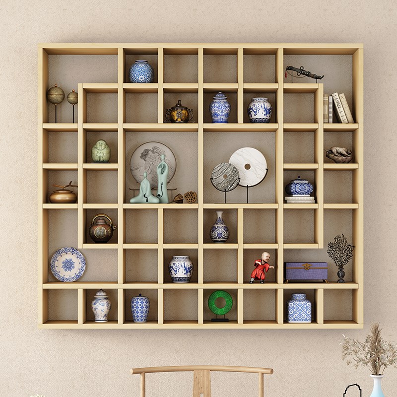 定制带灯光实木茶壶茶杯展示架壁挂格子博古架多宝阁格子柜置物架