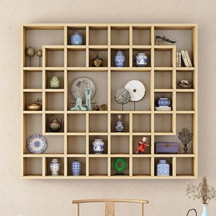 定制带灯光实木茶壶茶杯展示架壁挂格子博古架多宝阁格子柜置物架