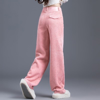 雪尼尔裤子女春秋直筒绿色条绒阔腿裤女2025新款灯芯绒休闲裤长裤