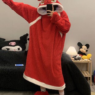 舞狮红色珊瑚绒睡衣女秋冬季加厚情侣连体大码法兰绒长款连帽睡裙