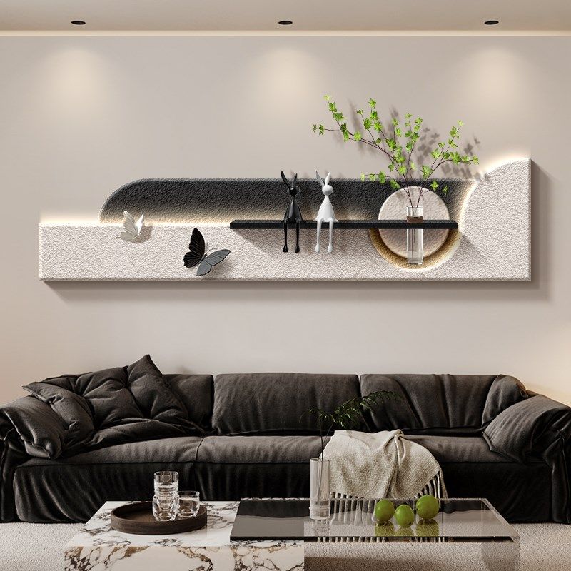 轻奢高级感客厅沙发背景墙装饰画水培绿植高端挂画立体砂岩壁灯画