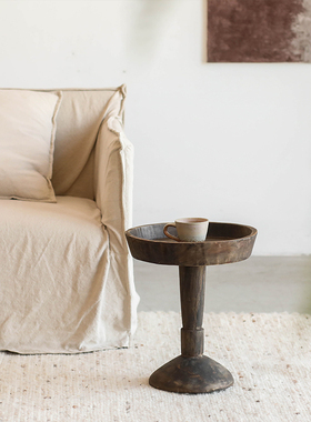 侘寂风黑色原木圆形茶几实木沙发旁小边几民宿风格落地摆件装饰