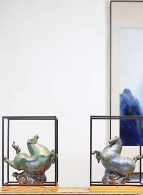 新中式陶瓷唐马禅意摆件客厅电视柜博古铁架唐三彩动物家居装饰品