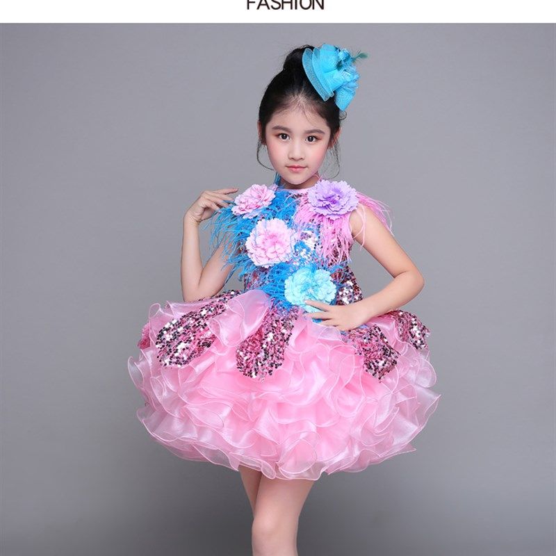 女童粉色表演礼服走秀演出公主裙儿童主持人演出唱歌朗诵冬晚礼服