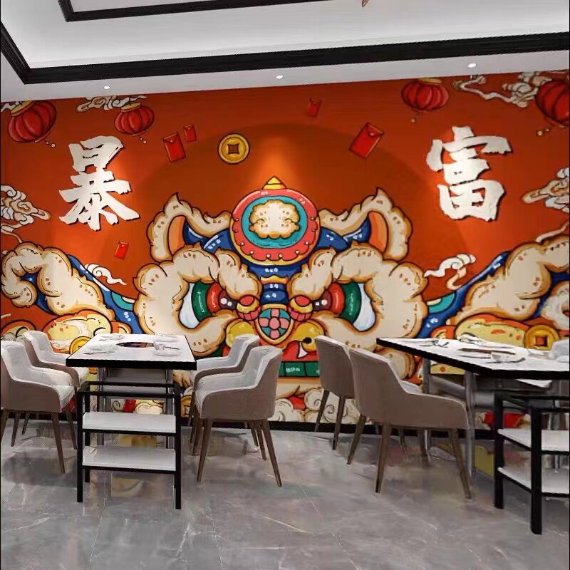 国潮中国风饭店壁纸火锅店装饰贴画烧烤串串壁纸京剧脸谱墙贴定制
