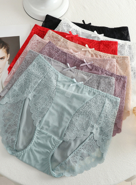 夏绿色内裤女高腰法式蕾丝性感无痕大码胖mm200斤超薄透明纯棉裆