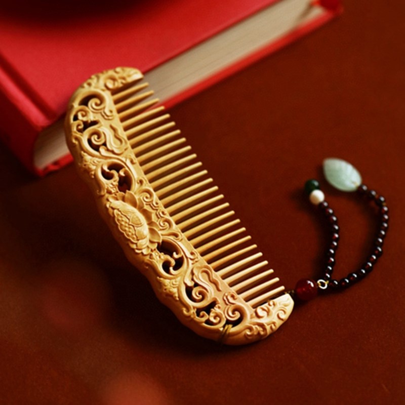 小叶黄杨木雕木质结婚送礼礼盒新中式发钗梳子簪子荷花木梳发簪