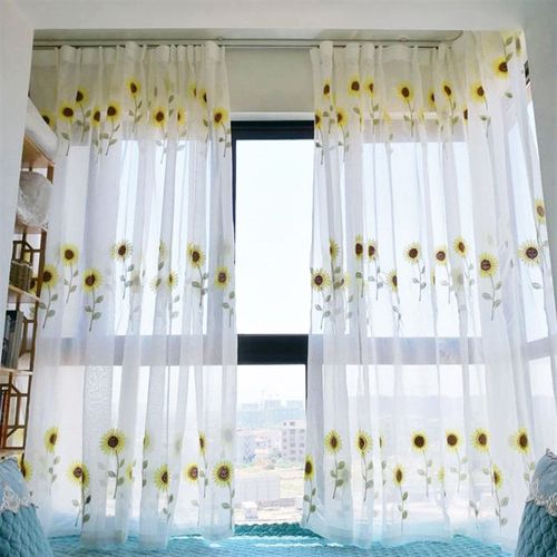 客厅卧室田园风格小清新纱帘落地窗窗纱向日葵窗帘布料绣花白纱帘