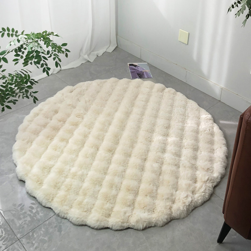 奶油风圆形毛绒地毯卧室家用纯色地毯可机洗客厅单人沙发毛毛地垫