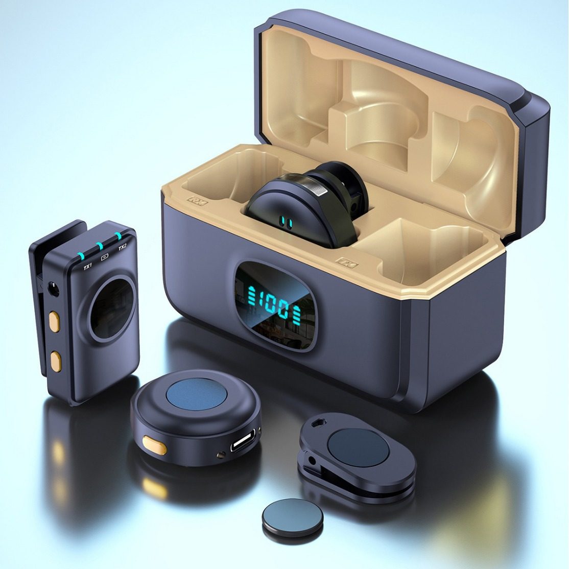 新款Q8纽扣式圆形无线领夹麦克风一拖二户外直播相机拍摄降噪带充